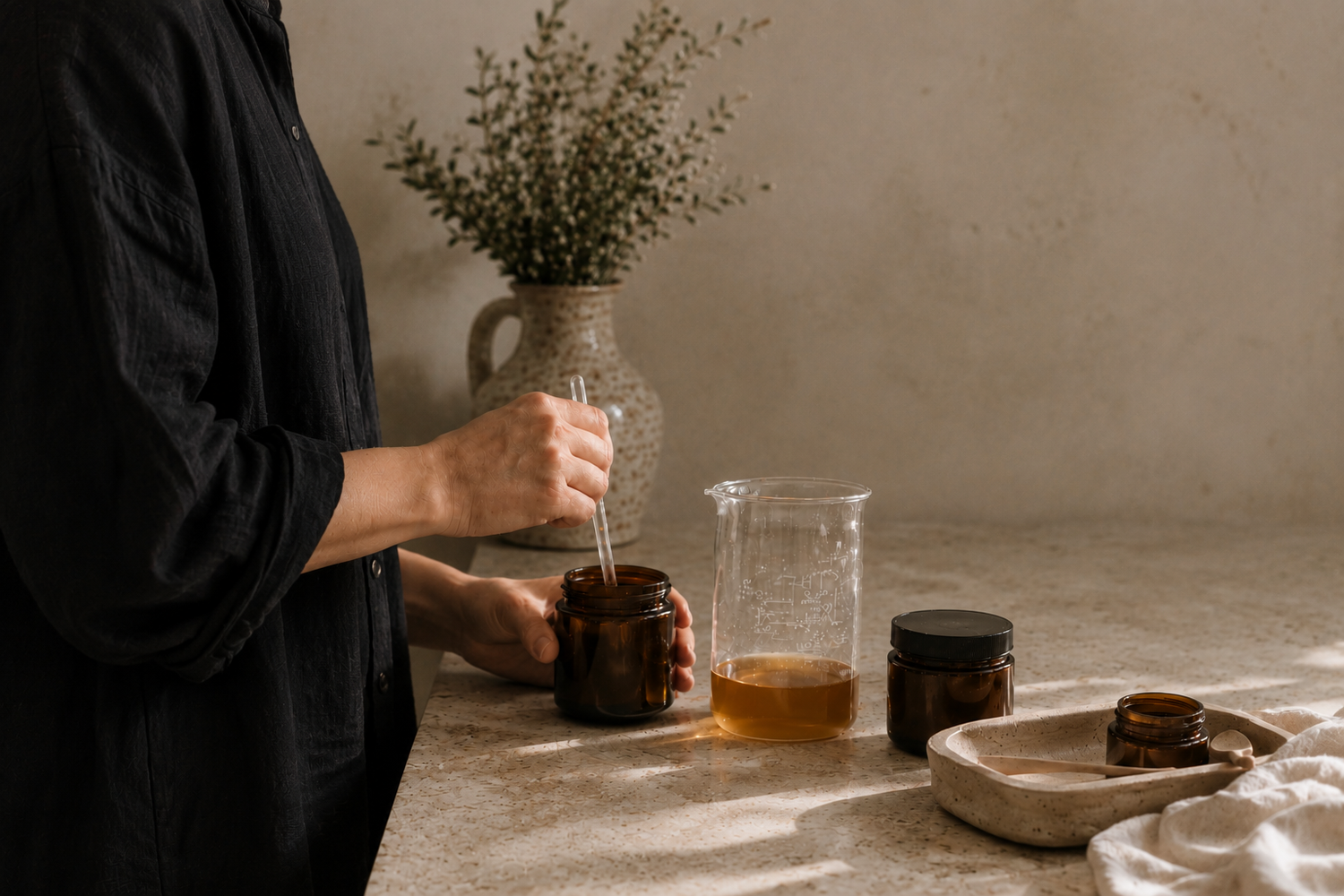 Small-batch natural skincare preparation by Gentle Roots founder with amber glass jars and botanical ingredients in a warm minimalist studio setting.