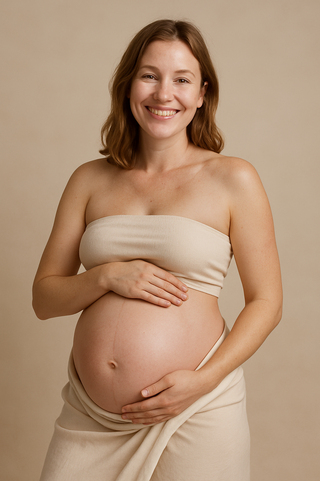 Pregnant woman holding bump holding a bottle of Gentle Roots Perineum Massage Oil for birth prep