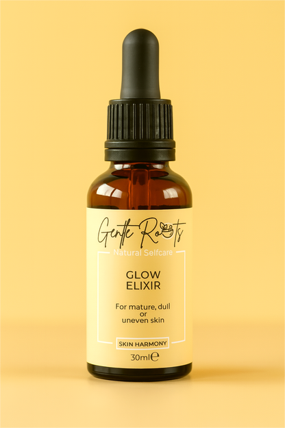 Gentle Roots Glow Elixir 30ml with golden background as part of the gift set