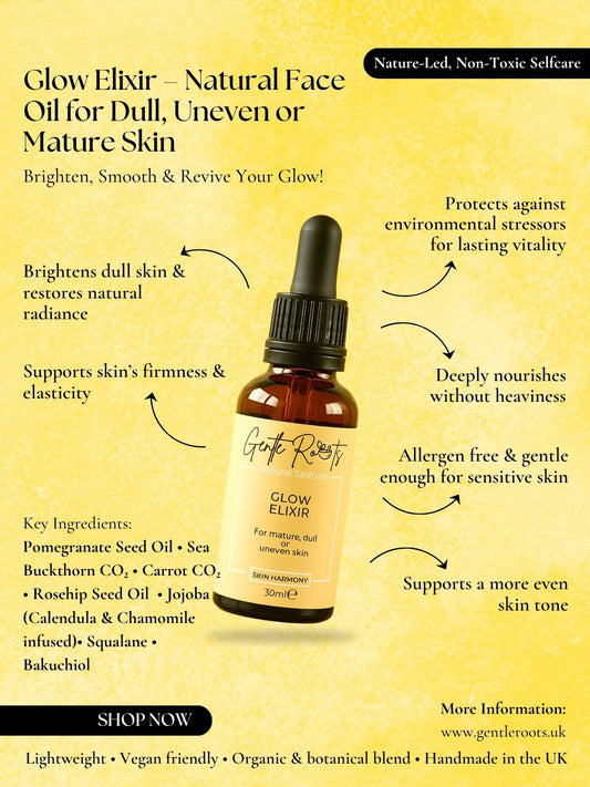 Gentle Roots Glow Elixir infographic showing ingredients and benefits – for glowing, balanced skin.