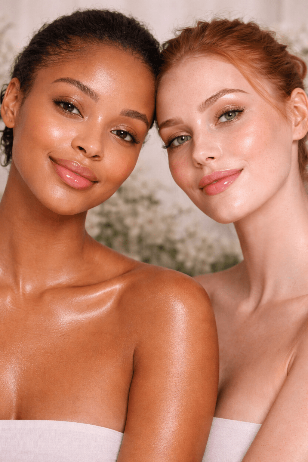 Two women with different skin tones showing naturally radiant, glowing skin, representing the results of Gentle Roots Glow Elixir face oil.