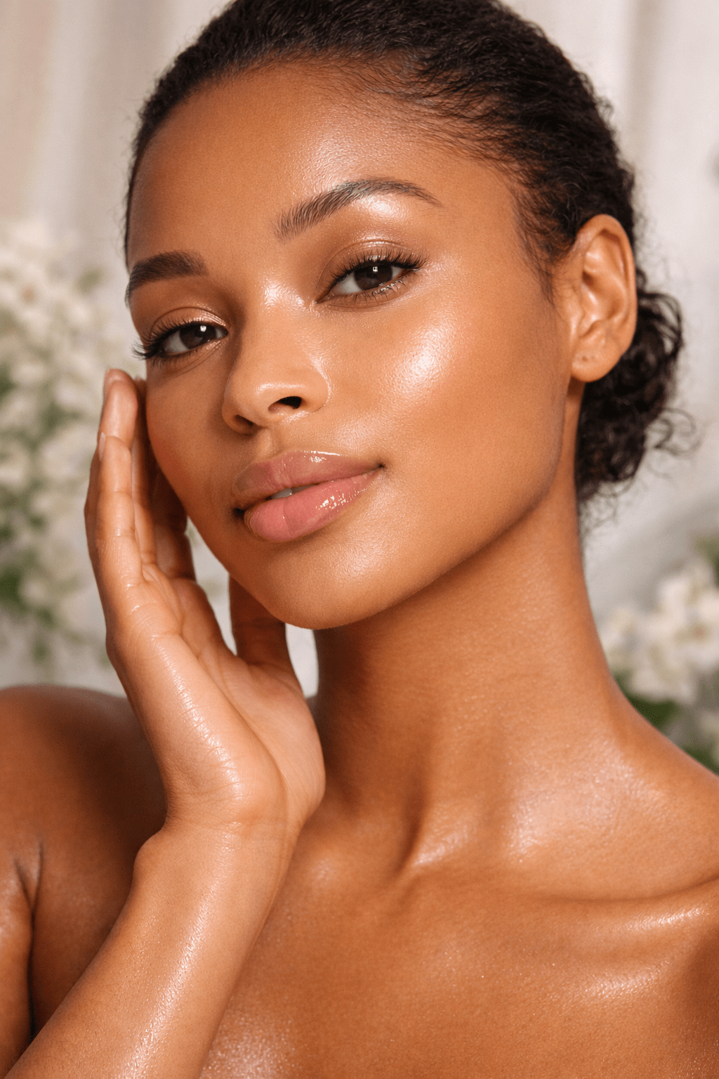 Close-up portrait of a woman with naturally glowing, radiant skin, showcasing a healthy complexion supported by Gentle Roots Glow Elixir face oil.