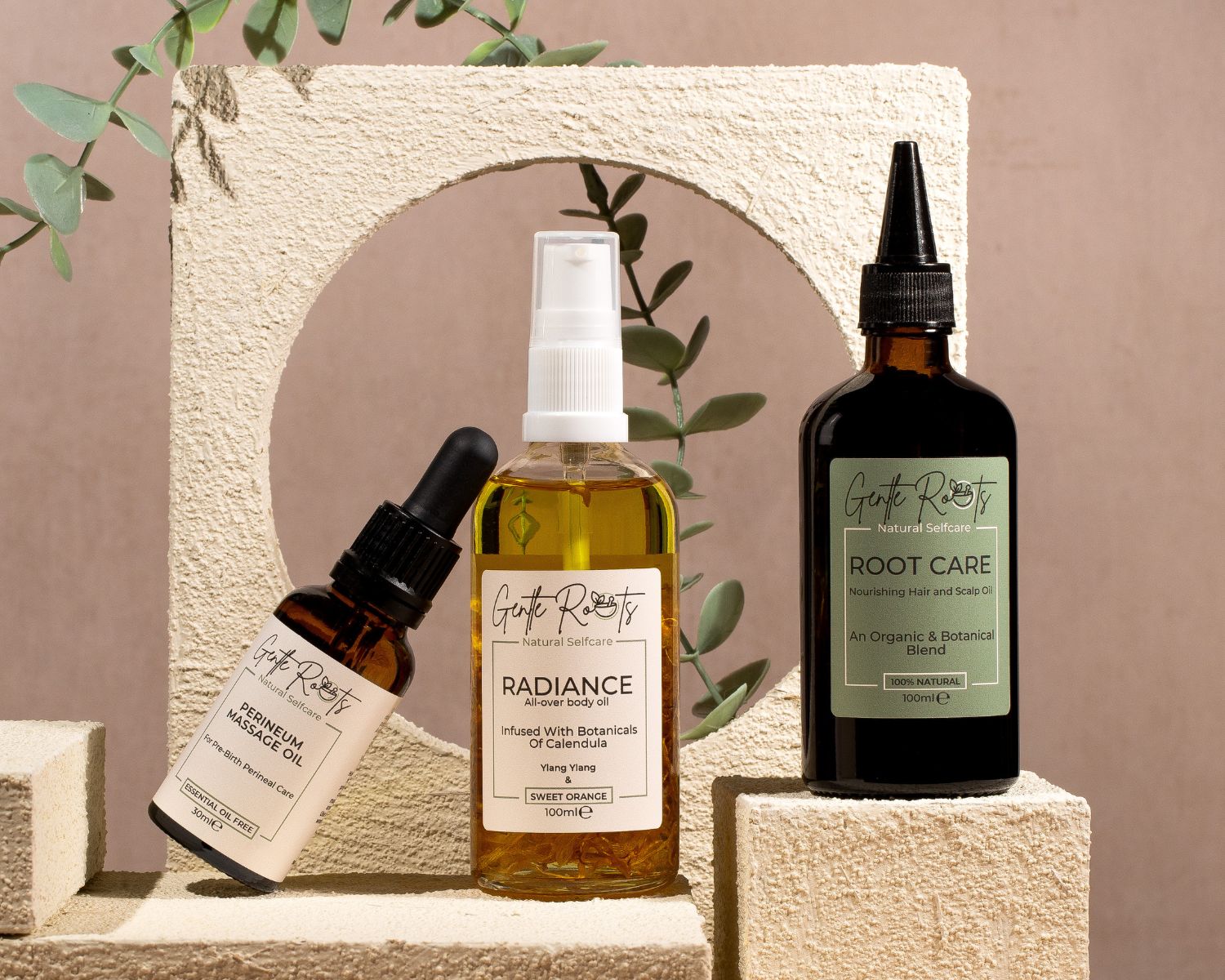 Gentle Roots natural skincare and haircare products – handmade, non-toxic self-care range including face oils, body oils, and scalp oil in eco-friendly packaging