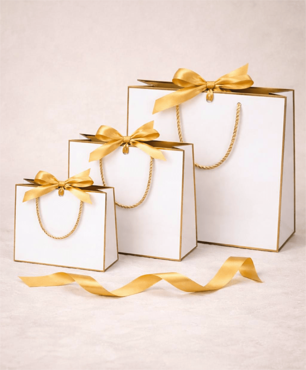 Gentle Roots gift bags in small, medium and large, with gold bow, perfect for luxury natural skincare gifts.