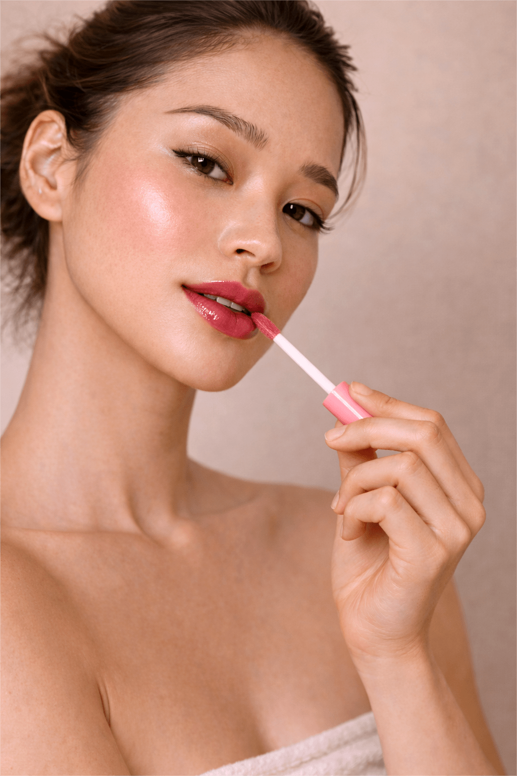 Close-up portrait of a woman applying Gentle Roots Berry Blush Nourish Lip Oil with a doe-foot applicator, showcasing glossy soft pink tinted lips and radiant skin.