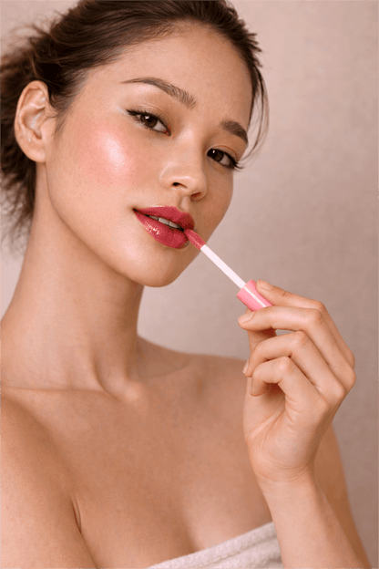 Close-up portrait of a woman applying Gentle Roots Berry Blush Nourish Lip Oil with a doe-foot applicator, showcasing glossy soft pink tinted lips and radiant skin.
