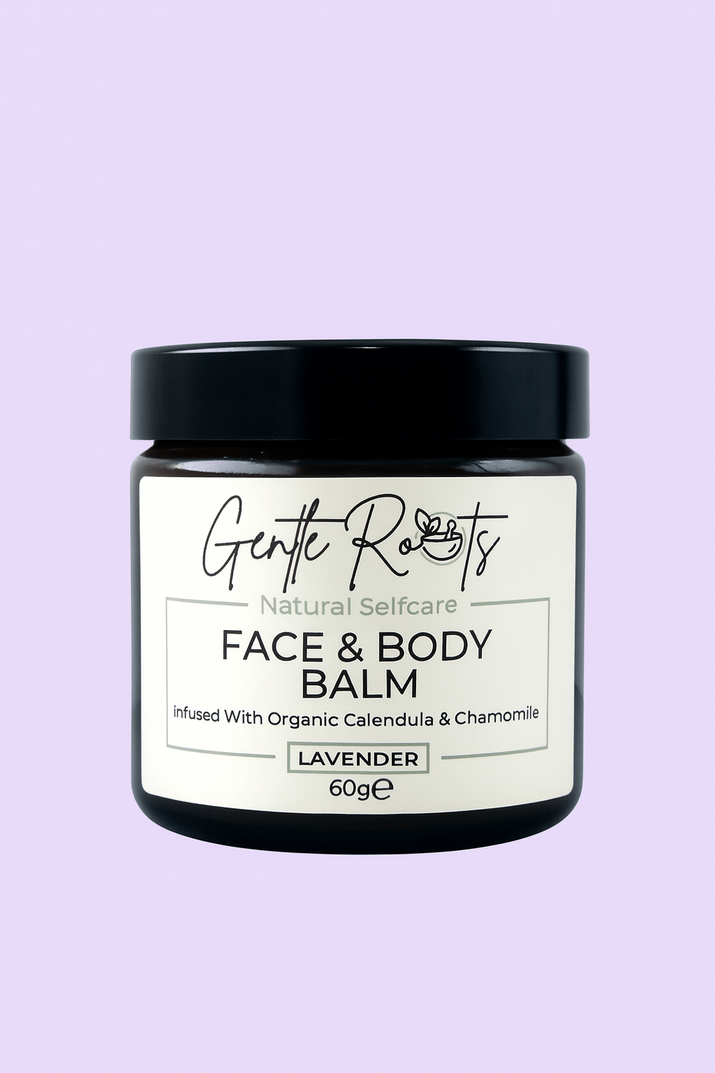 Close-up of Gentle Roots Lavender Face and Body Balm jar – soothing natural balm infused with organic lavender.