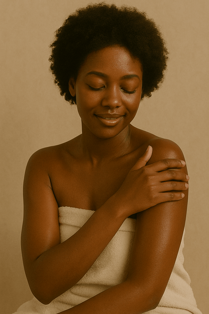 Model applying Gentle Roots Lavender Face and Body Balm – natural skin moisturiser for calm, hydrated skin.
