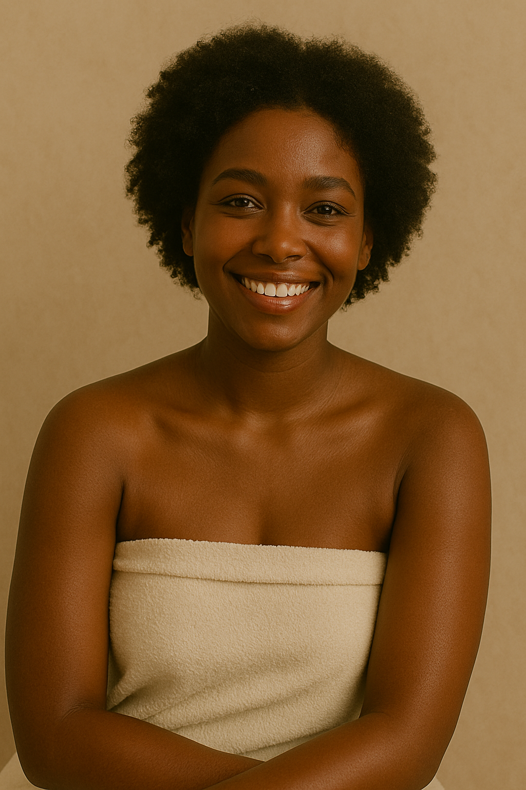 A model smiling holding Gentle Roots natural skincare – Lavender Face and Body Balm for sensitive and dry skin