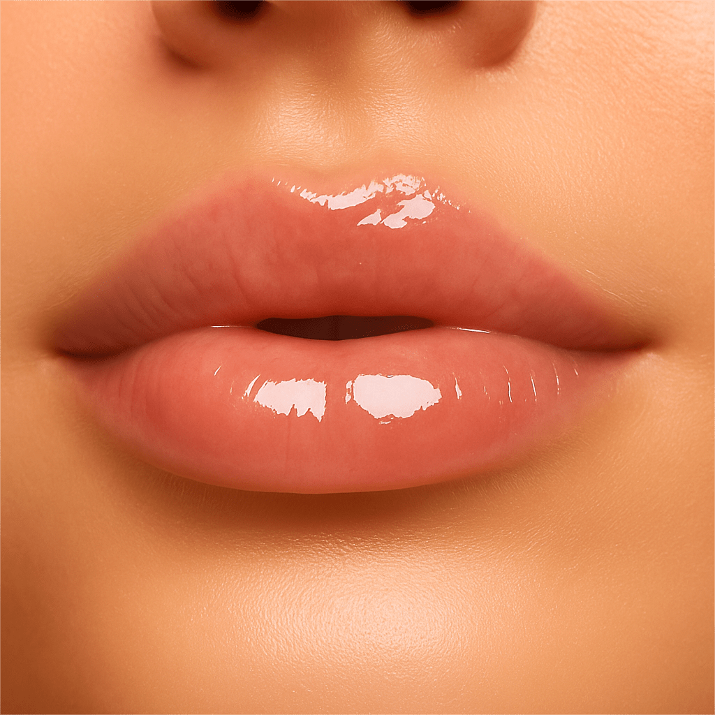 Close-up of lips wearing Gentle Roots Bare Lip Oil – clear glossy finish for natural hydrated lips.