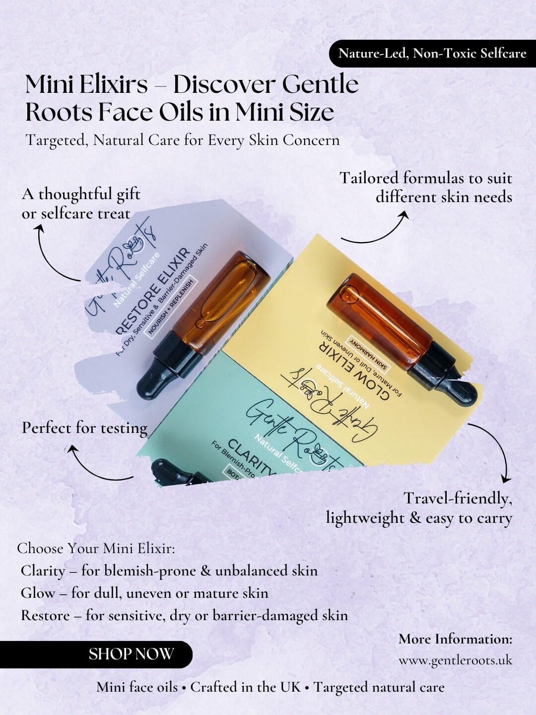 Gentle Roots Mini Elixirs- targeted skincare for blemish prone, dull, mature or sensitive dry skin. Mini travel sized skincare.