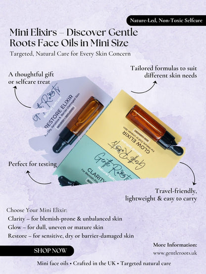 Gentle Roots Mini Elixirs- targeted skincare for blemish prone, dull, mature or sensitive dry skin. Mini travel sized skincare.