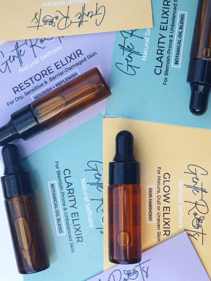 Gentle Roots Mini Face Oil Elixirs – Clarity, Restore and Glow – travel-sized natural face oils for all skin types.