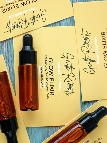 Mini Glow Elixir for mature, dull, uneven skin with yellow background card
