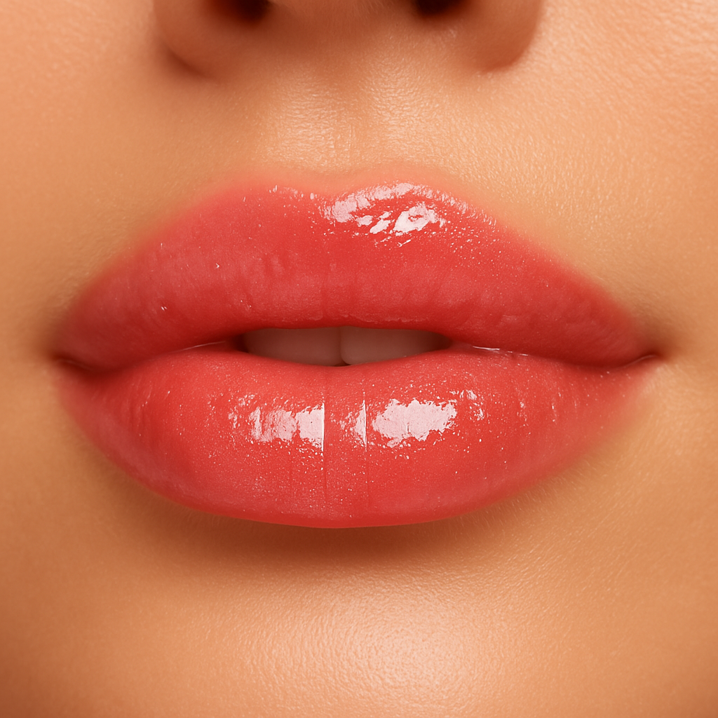 Model lips with Gentle Roots Nourish Lip Oil in Berry Blush, tinted with a natural coral-pink glossy finish.
