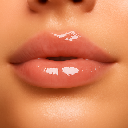 Model lips with Gentle Roots Nourish Lip Oil Clear variant, giving natural glossy shine.