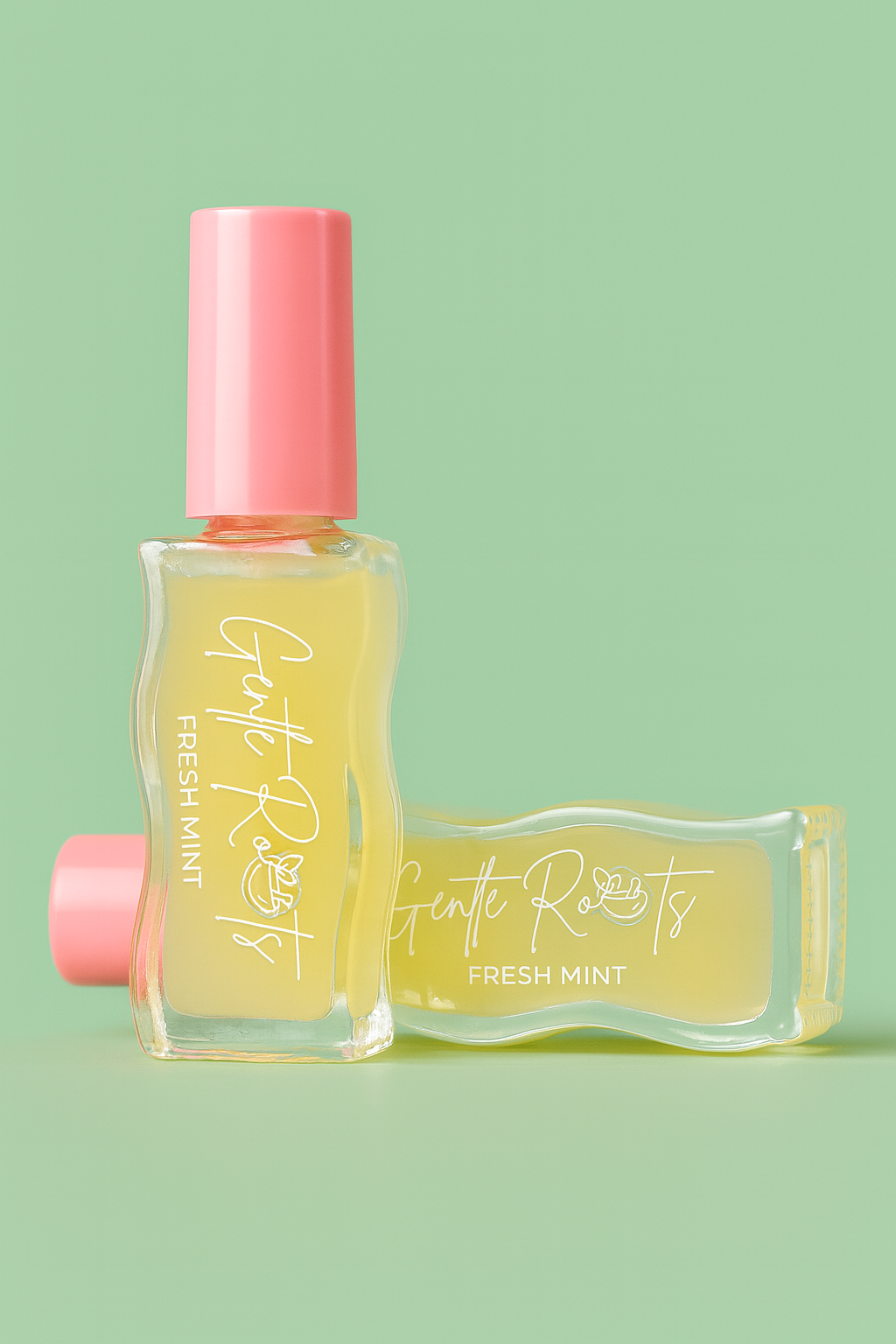 Gentle Roots Nourish Lip Oil Fresh Mont variant on pastel green background, eco-friendly skincare packaging.