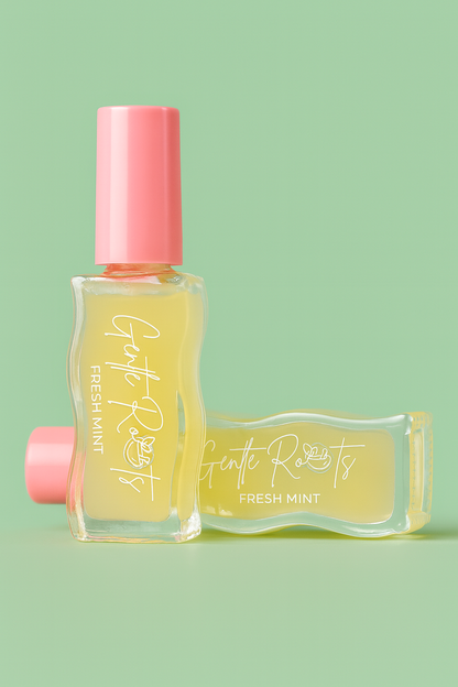 Gentle Roots Nourish Lip Oil Fresh Mont variant on pastel green background, eco-friendly skincare packaging.