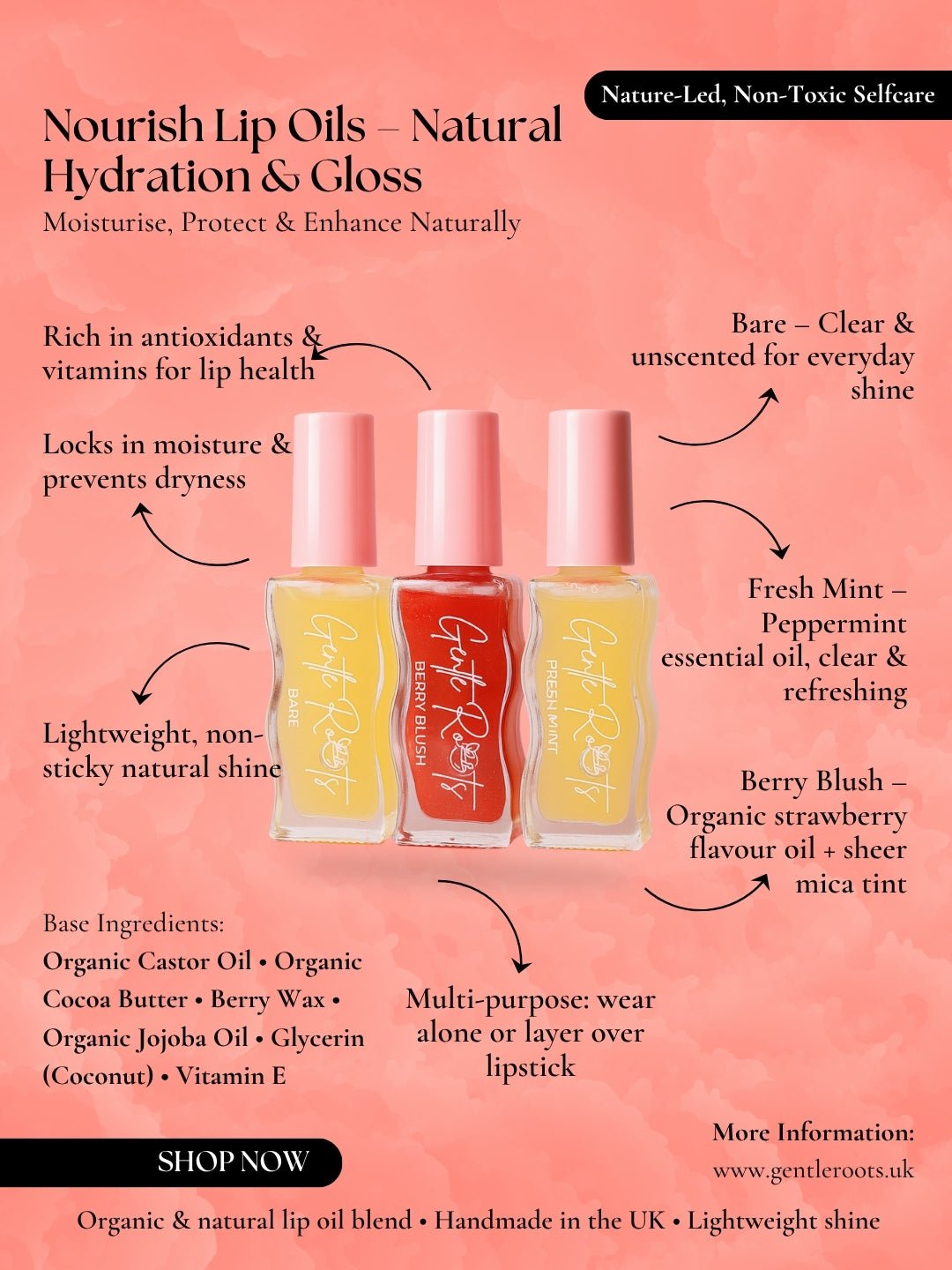 Gentle Roots Lip Oil Collection ingredients and benefits infographic – hydrating, glossy, and non-sticky natural lip care.