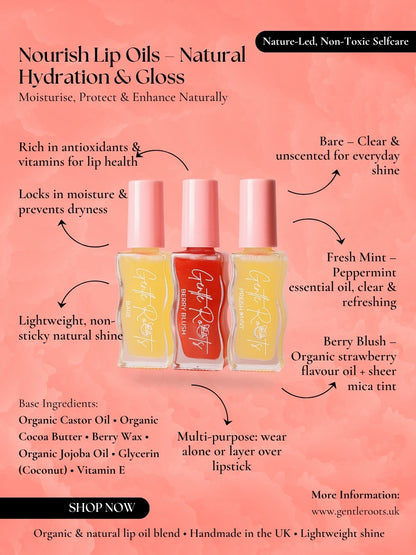 Gentle Roots Lip Oil Collection ingredients and benefits infographic – hydrating, glossy, and non-sticky natural lip care.