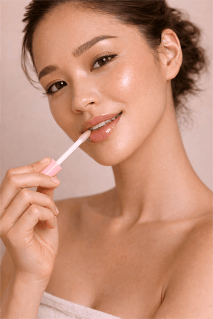 Close-up of a model applying Gentle Roots Nourish Lip Oil clear gloss with a doe-foot wand, highlighting hydrated high-shine lips and smooth natural skin.