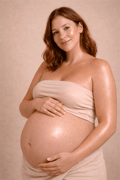 Pregnant woman gently holding her baby bump in a neutral studio setting, representing natural perineum massage oil use during pregnancy and birth preparation.