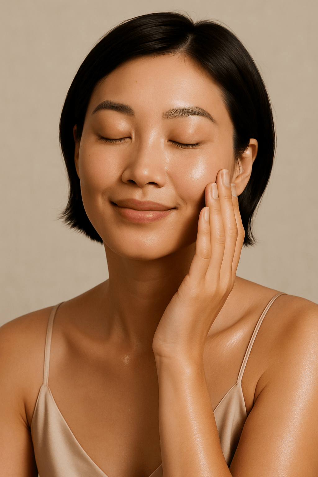 Model applying Gentle Roots Radiance Body Oil to face and neck – nourishing natural skincare.