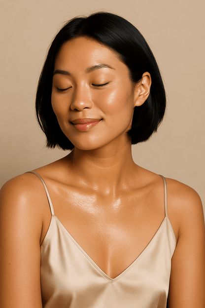 Model with luminous skin after using Gentle Roots Radiance Body Oil – vegan, non-toxic skincare.