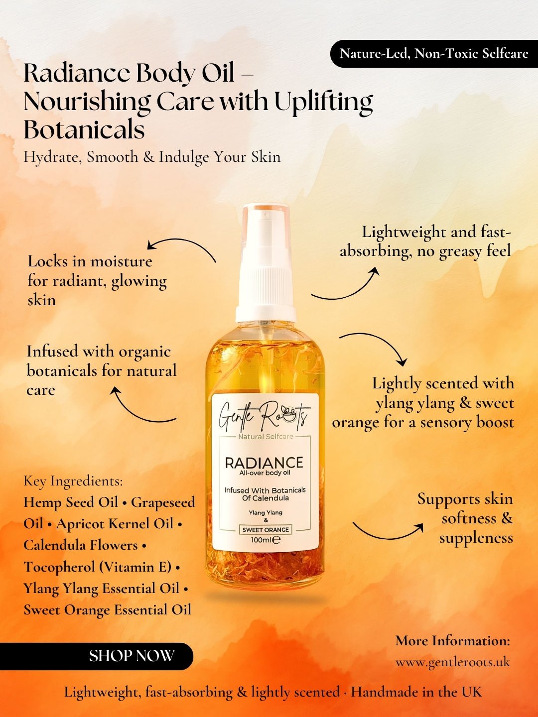 Radiance Body Oil by Gentle Roots – natural body oil benefits, features and ingredients infographic.