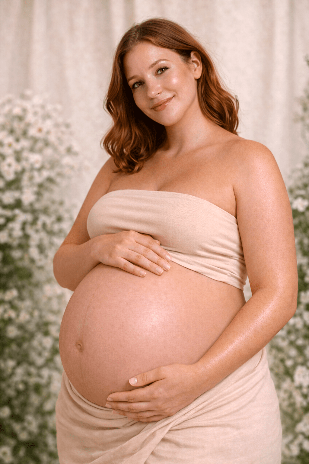 Pregnant woman with naturally glowing skin and baby bump in a soft neutral studio setting, representing pregnancy safe abd nourishing radiance body oil for everyday skin care.