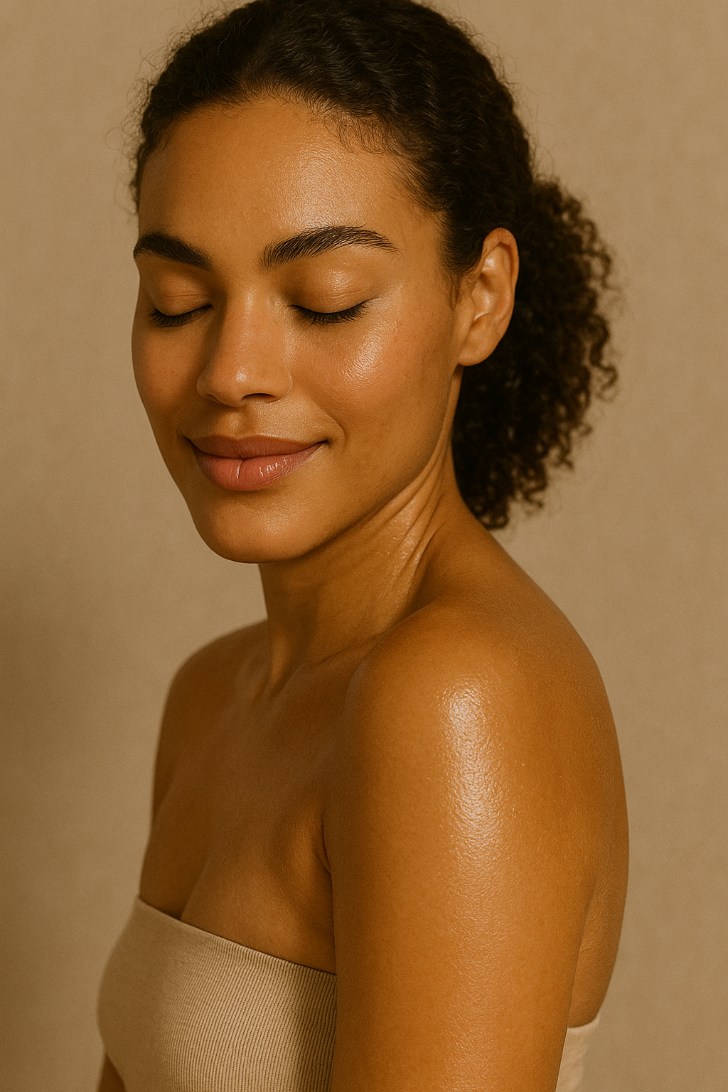 A model showing hydrated and radiant skin after using Gentle Roots Radiance Body Oil Essential Oil Free