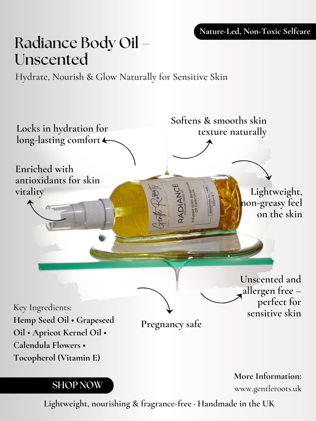 Gentle Roots Radiance Body Oil Unscented infographic showing ingredients and benefits – deeply hydrating, fragrance-free body oil.