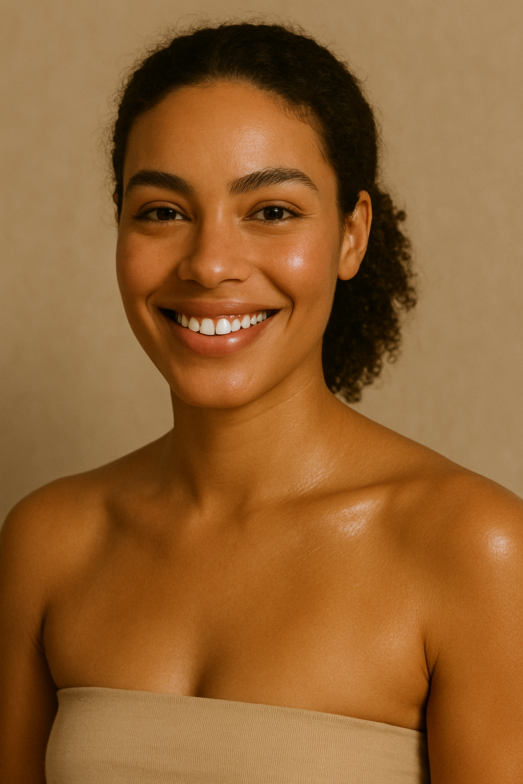 Model smiling with radiant skin nourished by Gentle Roots Radiance Body Oil Unscented