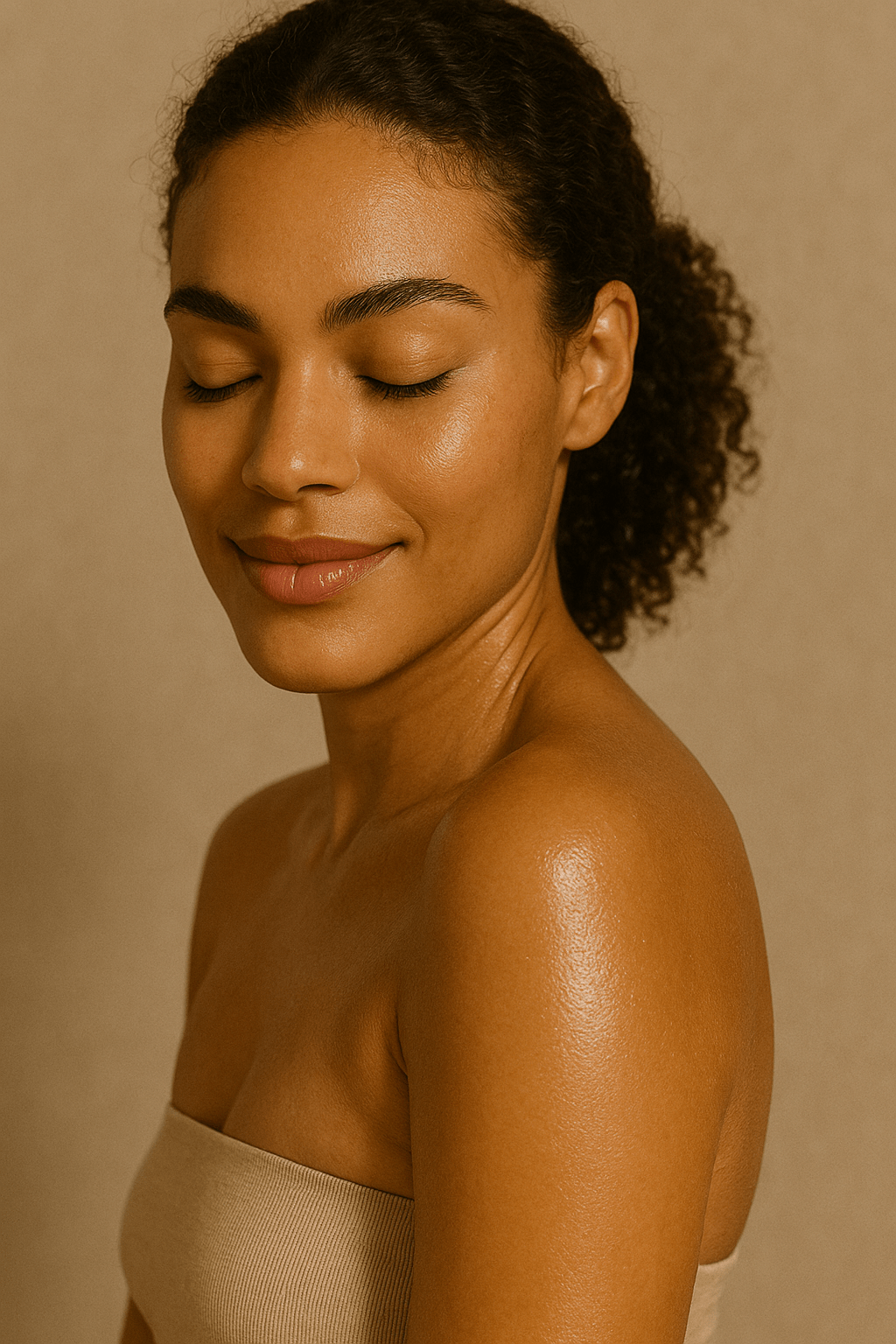 Model with radiant, healthy glow after using Gentle Roots Radiance Body Oil Unscented – natural skin nourishment.