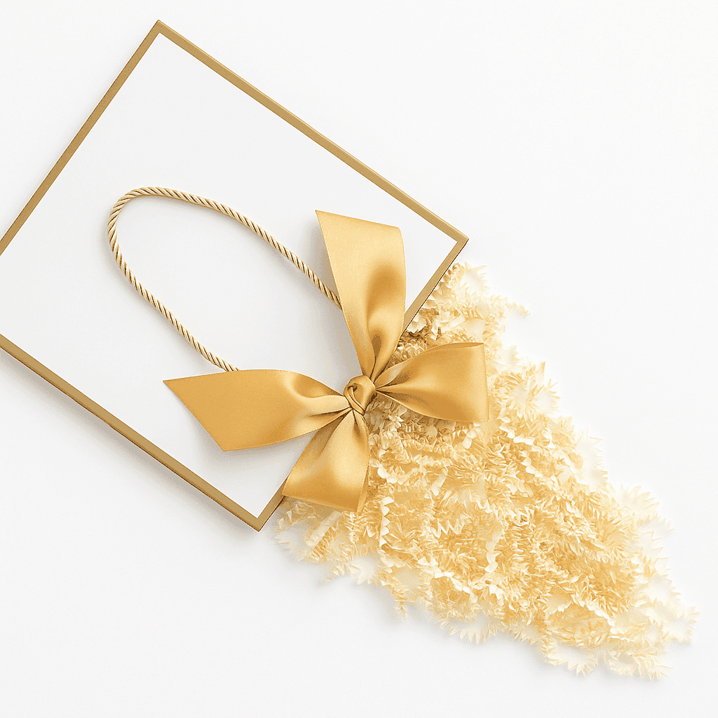 White and gold luxury Gentle Roots gift bag with gold ribbon and shredded filler and tissue paper.