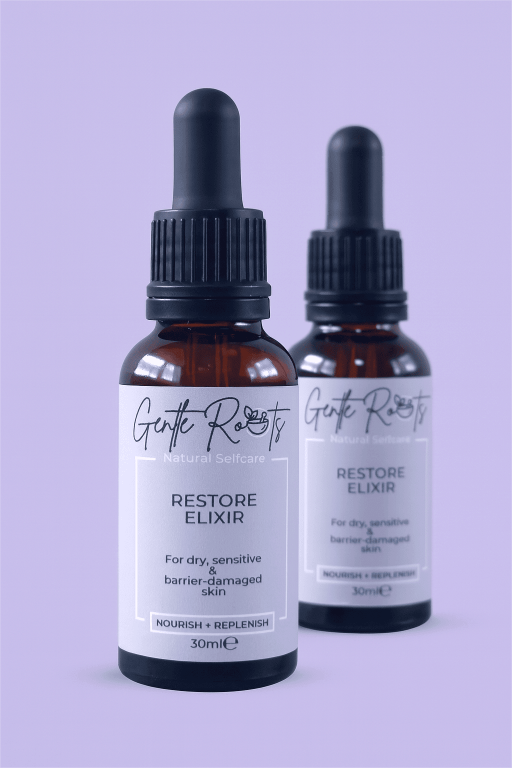 Two bottles of Gentle Roots Restore Elixir – natural, allergen-free facial oil for sensitive and dry skin types.
