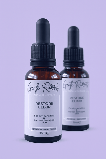 Two bottles of Gentle Roots Restore Elixir – natural, allergen-free facial oil for sensitive and dry skin types.