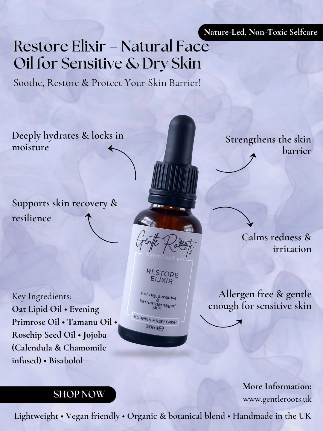 Gentle Roots Restore Elixir infographic showing key ingredients and benefits – soothing natural face oil for sensitive or barrier-damaged skin.