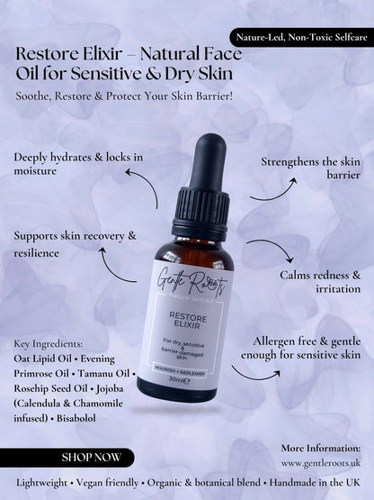 Gentle Roots Restore Elixir infographic showing key ingredients and benefits – soothing natural face oil for sensitive or barrier-damaged skin.