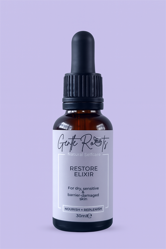 Restore Elixir 30ml amber glass bottle with lilac background