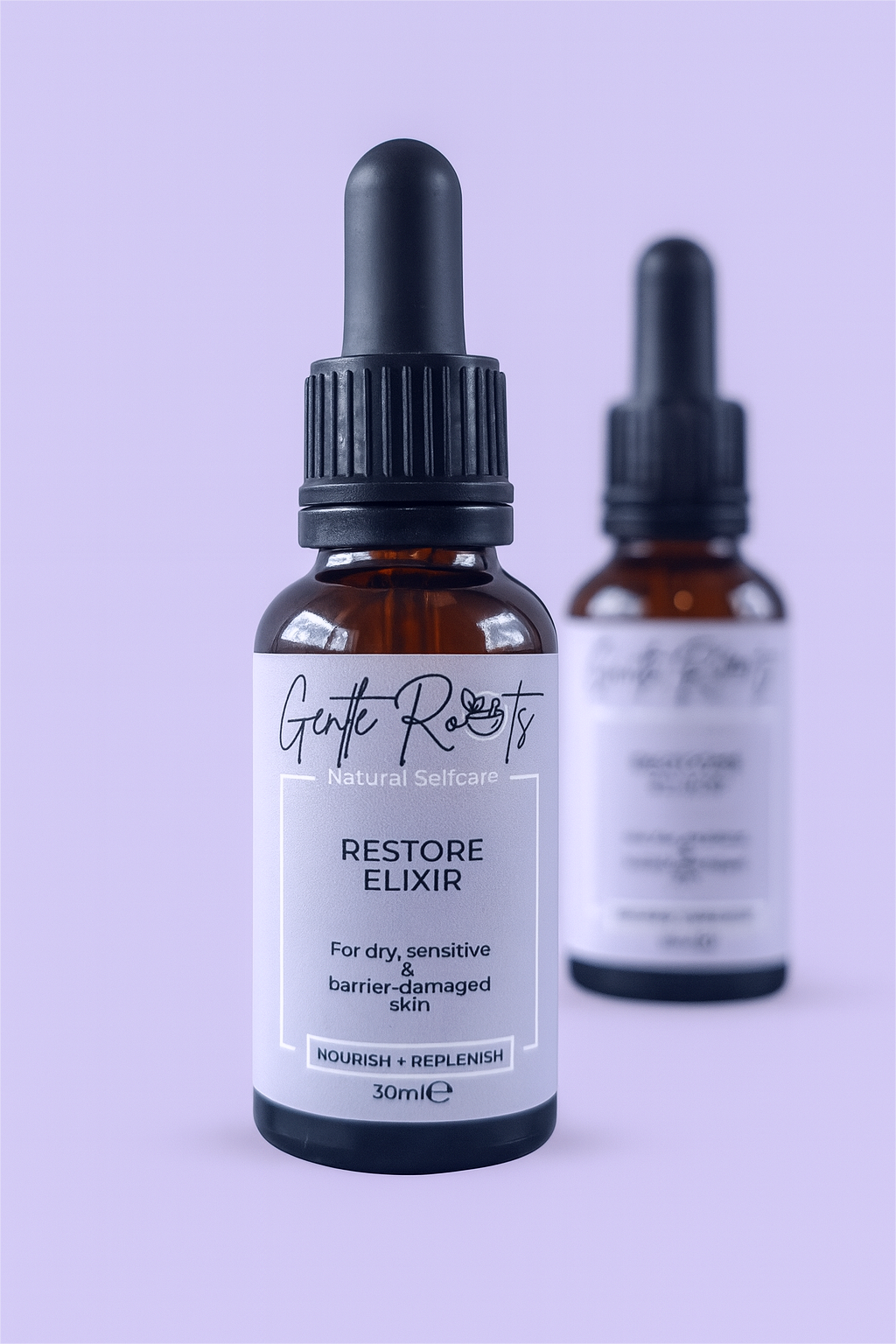 Two bottles of Restore Elixir bottle with label focus, Gentle Roots branding