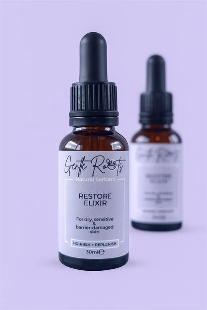 Two bottles of Restore Elixir bottle with label focus, Gentle Roots branding