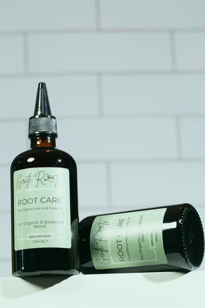 Root Care Hair & Scalp Oil lifestyle shot in bathroom – Gentle Roots