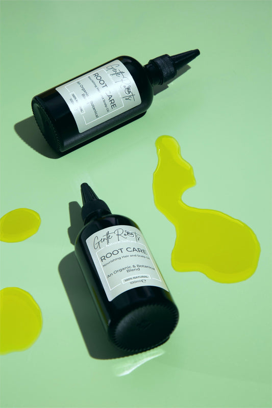 Root Care Hair & Scalp Oil flatlay with oil drops – Gentle Roots