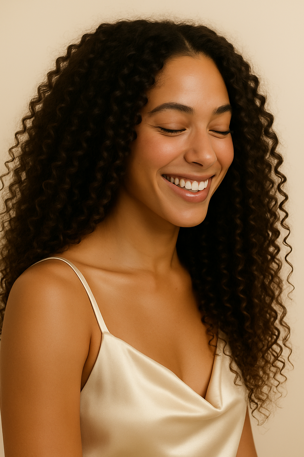 Model with long curly hair smiling with Root Care Hair & Scalp Oil