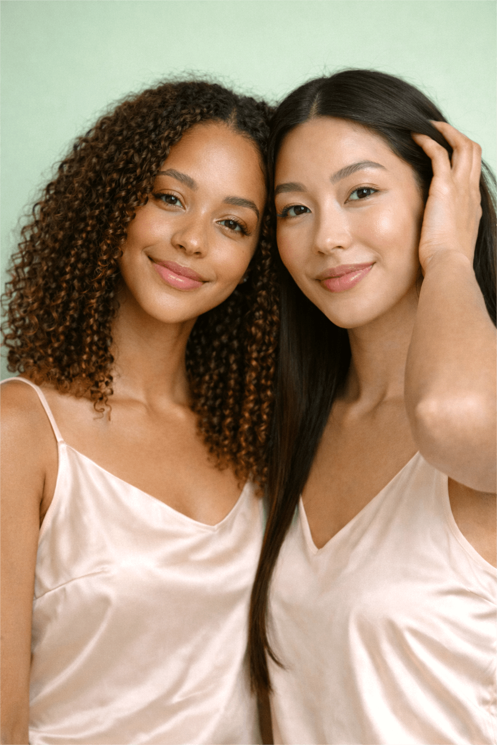 Two models with healthy curly and straight hair posed together on a mint green background, representing Gentle Roots Root Care Hair and Scalp Oil for balanced scalp and hair nourishment.