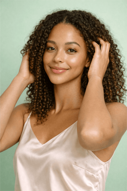 Model with healthy mid-length curly hair on a mint green background, showcasing shine and definition supported by Gentle Roots Root Care Hair and Scalp Oil.