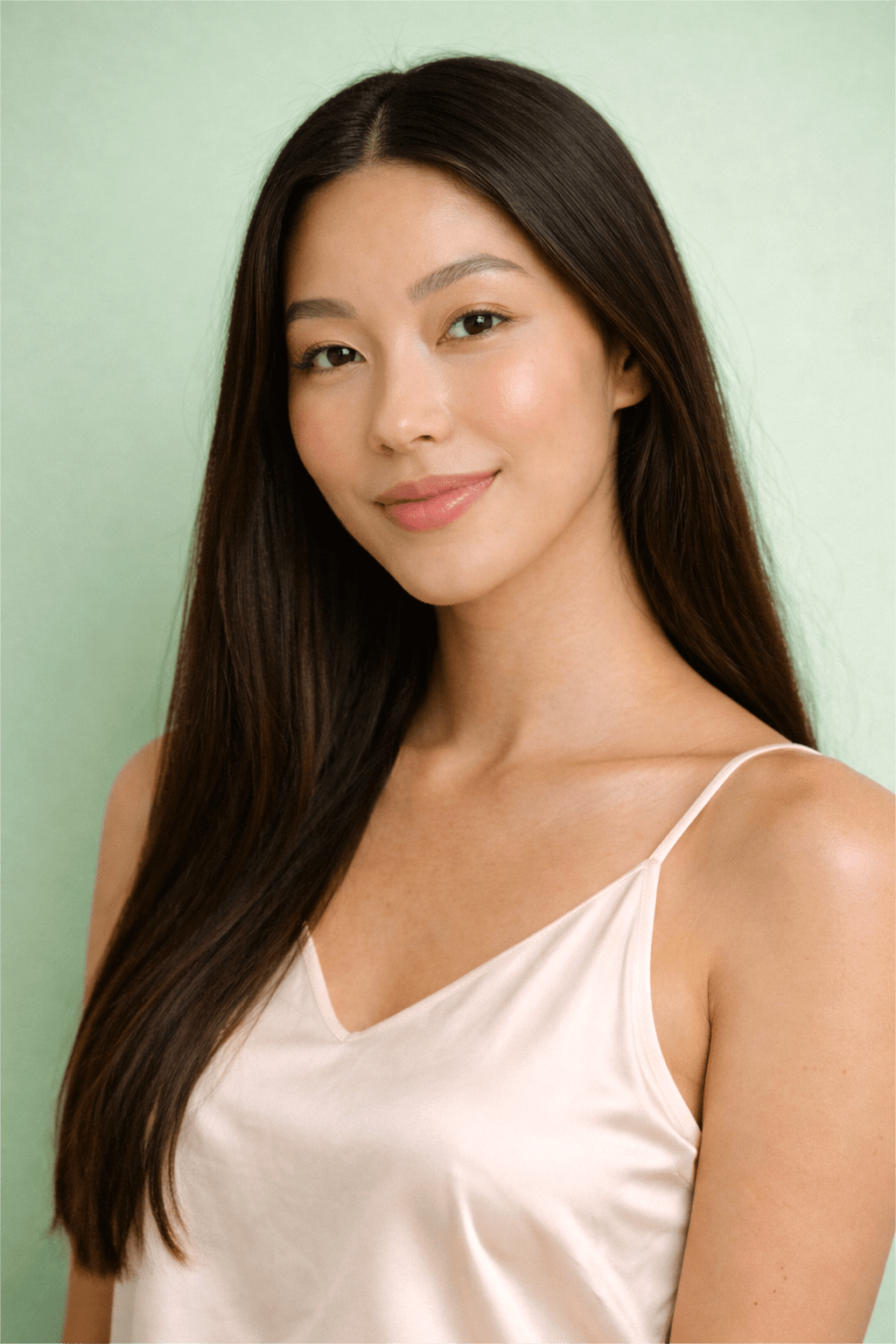 Model with smooth, healthy straight hair on a mint green background, illustrating results associated with Gentle Roots Root Care Hair and Scalp Oil.