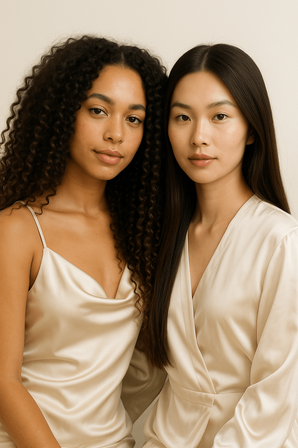 Two women with curly and straight hair after using Gentle Roots Root Care Hair & Scalp Oil – promotes shine and scalp health.